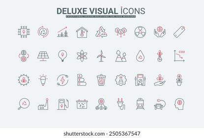 Energy generation from sustainable resource, recycling line icons set. Development strategy for nuclear industry, solar and wind power plants thin black and red outline symbols vector illustration