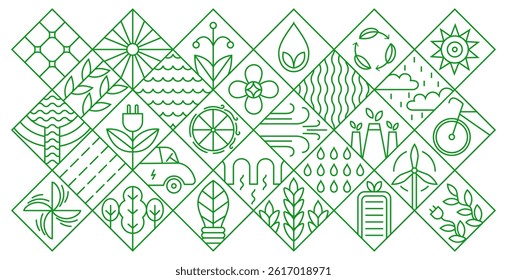 Energy geometry icons. Green environment geometric pattern with minimal line leaf water eco energetic symbols, simple nature energy power icons bauhaus style. Vector background.