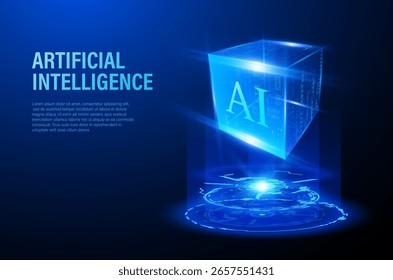 Resplandor de energía redondo con diseño de Anuncio de Vector de proyección de cubo de neón virtual. Inteligencia artificial de alta tecnología. Círculo azul brillante y forma cuadrada 3D. Proceso de matriz cibernética digital de ciencia ficción