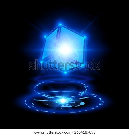 Energy glow round with virtual neon cube projection. Shiny blue circles and 3D square shape. Sci Fi vector design. Digital cyber matrix process. High tech artificial intelligence technology