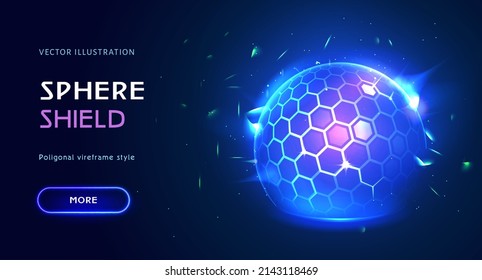 Energy glowing sphere, force shield bubble. Power protective defense dome or protection field. 3d safety blue ball barrier. Firewall absolute protect. Landing page for antiviral futuristic technology.