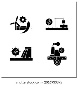 Energy Glyph Icons Set. P2X, Pumped Storage, Hydroelectric, Geothermal Power Stations. Electricity Generation Concept. Filled Flat Signs. Isolated Silhouette Vector Illustrations
