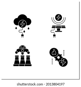 Energy glyph icons set. Thunderstorm, solar, wind energy. Fusion reactor, thermoelectric generator. Electricity generation concept. Filled flat signs. Isolated silhouette vector illustrations