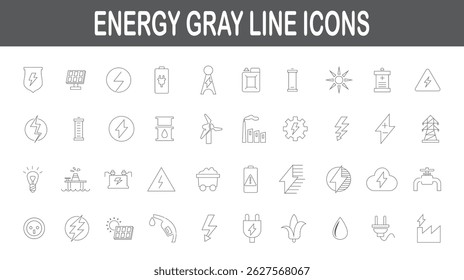 Energy gray line icons. Electric power icons. Energy saving icons.