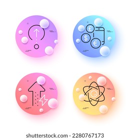 Energiefunktion, Atom Core und Currency Rate minimale Zeilensymbole. Schaltflächen für 3D-Kugeln oder Bälle. Schalten Sie die Symbole ein. Für Web, Anwendung, Druck. Energieverbrauch, Kernenergie, Online-Austausch. Vektorgrafik