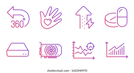 Energy growing, Medical drugs and Social responsibility line icons set. Seo analysis, 360 degrees and Mini pc signs. Gpu, Graph symbols. Power usage, Medicine pills. Science set. Vector