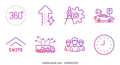 Energy growing, Truck delivery and 360 degrees line icons set. Cogwheel dividers, Swipe up and Group signs. Parking security, Clock symbols. Power usage, Logistics. Business set. Vector