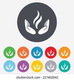 Energy hands sign icon. Power from hands symbol. Round colourful 11 buttons. Vector