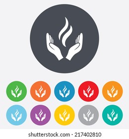 Energy hands sign icon. Power from hands symbol. Round colourful 11 buttons. Vector
