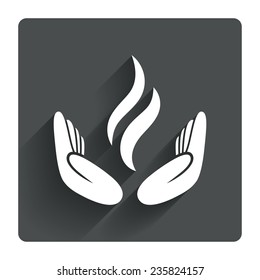 Energy hands sign icon. Power from hands symbol. Gray flat square button with shadow. Modern UI website navigation. Vector
