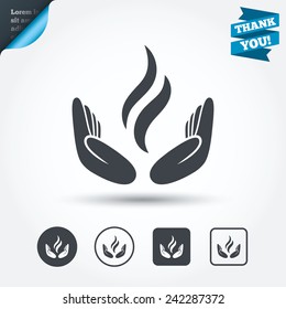 Energy hands sign icon. Power from hands symbol. Circle and square buttons. Flat design set. Thank you ribbon. Vector