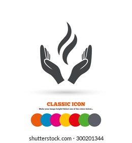 Energy hands sign icon. Power from hands symbol. Classic flat icon. Colored circles. Vector