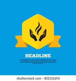 Energy hands sign icon. Power from hands symbol. Yellow label tag. Circles seamless pattern on back. Vector
