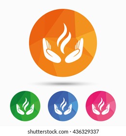 Energy hands sign icon. Power from hands symbol. Triangular low poly button with flat icon. Vector