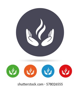 Energy hands sign icon. Power from hands symbol. Round colourful buttons with flat icons. Vector
