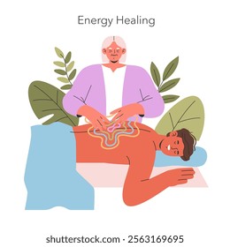 Energy Healing concept. A serene practitioner conducts a reiki session with colorful energy waves over a relaxed recipient. Inner wellbeing through spiritual practice. Vector illustration.