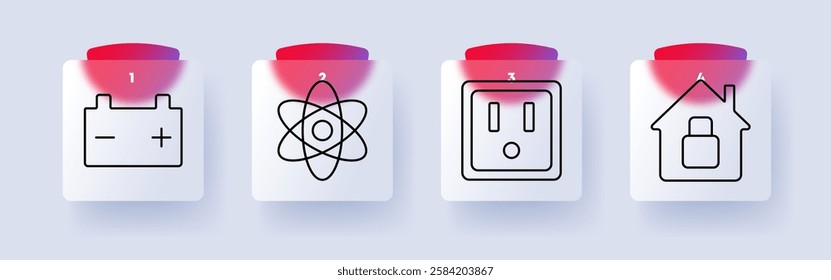 Energy and home security set icon. Battery power, atomic energy, electrical outlet, home safety, energy efficiency, sustainability, smart home, technological advancement