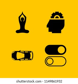 energy icon. 4 energy set with mind, switch, buddhist yoga pose and vehicle vector icons for web and mobile app