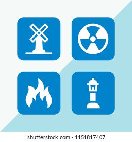 energy icon. 4 energy set with radioactive, flame, street lamp and big windmill vector icons for web and mobile app