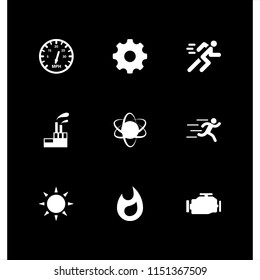 energy icon. 9 energy set with engine, running, runer silhouette running fast and meter vector icons for web and mobile app