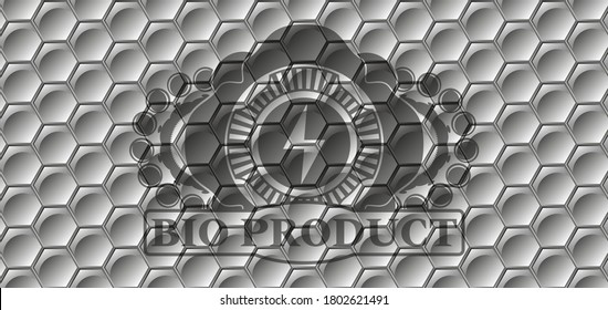Energy icon and Bio Product text grey color hexagon geometric pattern realistic emblem. Trendy fancy background. Artistic illustration. 