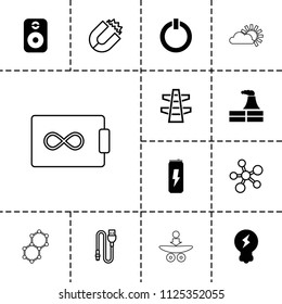 Energy icon. collection of 13 energy filled and outline icons such as factory, speaker, switch off, bulb, magnet, atom, wire, pylon. editable energy icons for web and mobile.