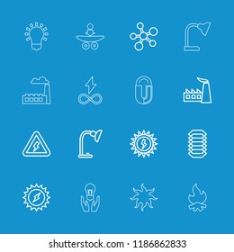 Energy icon. collection of 16 energy outline icons such as factory, atom, table lamp, voltage warning, sun battery, electric circuit. editable energy icons for web and mobile.