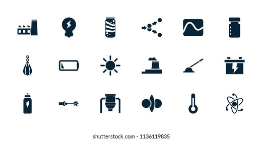 Energy icon. collection of 18 energy filled icons such as battery, low battery, temperature, energetic drink, bulb, sun. editable energy icons for web and mobile.