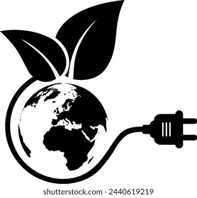 Energy icon in the form of a wire with a plug socket and a leaf and planet Earth as a renewable energy concept