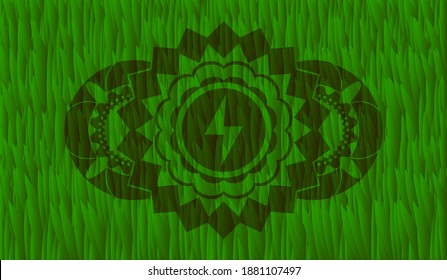 Energy icon inside green turf grass realistic badge. Eco luxurious background. Artistic illustration. 