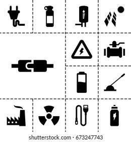 Energy icon. set of 13 filled energyicons such as pump, arm lever, wire, plug, geyser, voltage warning, energetic drink, battery, factory, radiation, solar panel