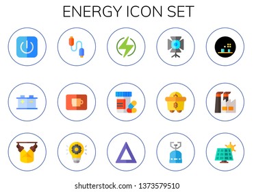 energy icon set. 15 flat energy icons.  Collection Of - power, battery, usb cable, coffee cup, green energy, vitamins, spotlight, mining, city, factory, Idea, fire, camping gas