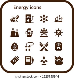 energy icon set. 16 filled energy icons.  Collection Of - Grid, Gas station, Atomic, Windmill, Factory, Lamp, Electric tower, Solar energy, Fire, Jumping rope, Spotlight, Heater
