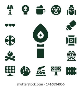 energy icon set. 17 filled energy icons.  Collection Of - Lamp, Life, Propeller, Torch, Campfire, Spotlight, Hamster wheel, Solar panel, Idea, Geothermal, Cup, Nuclear, Radiation