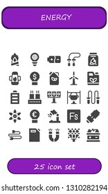 energy icon set. 25 filled energy icons.  Collection Of - Bonfire, Bulb, Battery, Jumping rope, Coal, Lamp, Idea, Fuel, Windmill, Gasoline, Full battery, Factory, Illumination