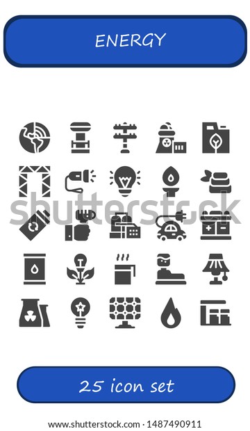 energy\
icon set. 25 filled energy icons.  Collection Of - Geothermal,\
Tesla coil, Transmission tower, Nuclear plant, Fuel, Rigging,\
Flashlight, Idea, Torch, Zen, Battery,\
Technology