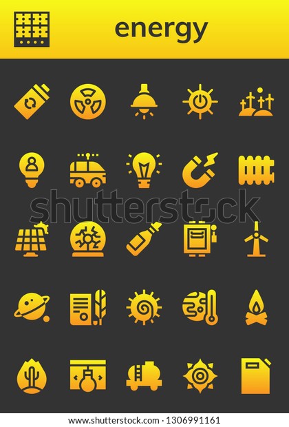 energy\
icon set. 26 filled energy icons.  Simple modern icons about  -\
Battery, Burner, Radiation, Lamp, Solar energy, Windmill, Idea,\
Electric car, Magnetism, Radiator, Solar\
panel