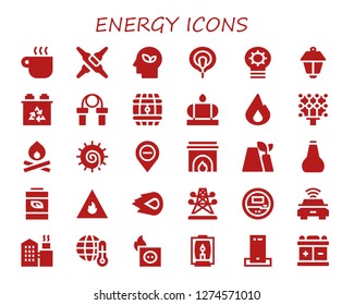  energy icon set. 30 filled energy icons. Simple modern icons about  - Coffee cup, Calcium, Eco, Electrode, Idea, Lamppost, Battery, Jumping rope, Barrel, Water tank, Fire, Light
