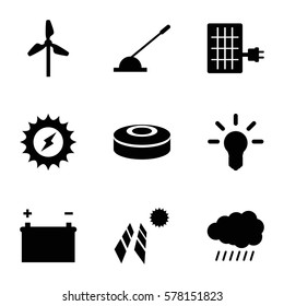 energy icon. Set of 9 energy filled icons such as sun, arm lever, battery, solar panel, smoke bomb, bulb, mill