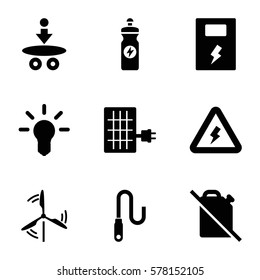 energy icon. Set of 9 energy filled icons such as energy drink, wire, voltage warning, battery, mill, solar panel, bulb, atom