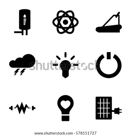 energy icon. Set of 9 energy filled icons such as thunder, treadmill, bulb heart, geyser, switch off, solar panel, bulb, atom