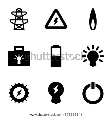 energy icon. Set of 9 energy filled icons such as pylon, flame, switch off, voltage warning, bulb, battery