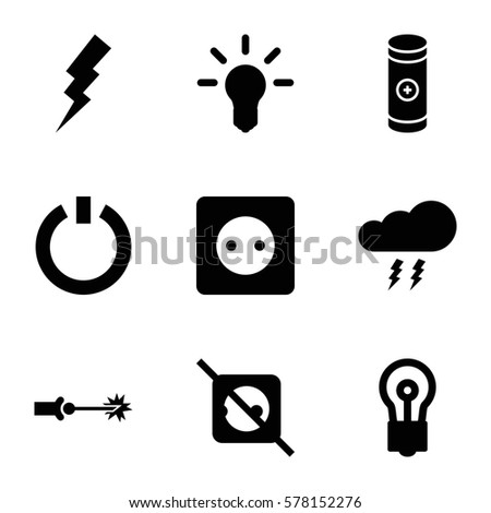 energy icon. Set of 9 energy filled icons such as plug socket, flash, bulb, battery, switch off, thunderstorm, electric circuit