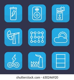 Energy icon. set of 9 outline energy icons such as barrel, sun, speaker, electric circuit, oil derrick, factory, endless battery, no charge