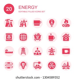 energy icon set. Collection of 20 filled energy icons included Nuclear plant, Power, Cup, Idea, Firewood, Radioactive, Grid, Coal, Coffee cup, Eco house, Meter, Water tower, Windmill