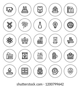 Energy icon set. collection of 25 outline energy icons with astral, atom, barrel, burner, conservation, fire, factory, empty battery, fireplace, gas icons. editable icons.