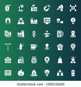 energy icon set. Collection of 36 filled energy icons included Protein shake, Brainstorming, Idea, Fire, Stove, Nuclear plant, Gas, Factory, Yoga, Eco, Cup, Flash, Street light