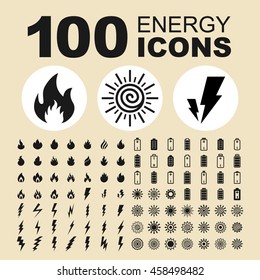 Energy icon set. Flame and fire. Electric and lightning. Battery and accumulator.