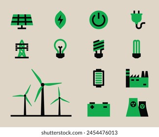 Conjunto de iconos de energía. Colección de iconos de energía verde. Iconos de la central eléctrica. Ilustración vectorial.