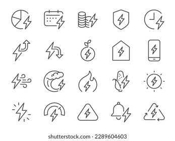 Conjunto de iconos de energía. Incluía electricidad, energía, carga, ev, y más íconos.